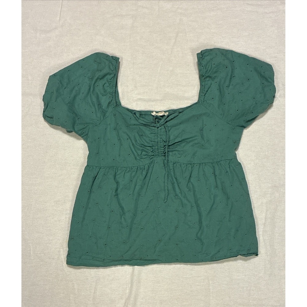 Women's Top Medium Green Babydoll Floral Puffy Sleeves Romantic Boho Coquette